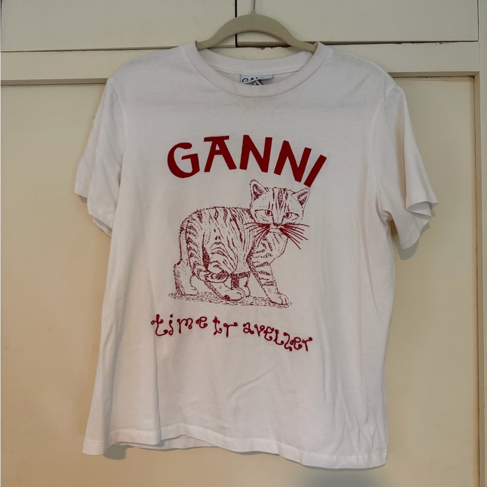 GANNI Red Cat Print White Tee